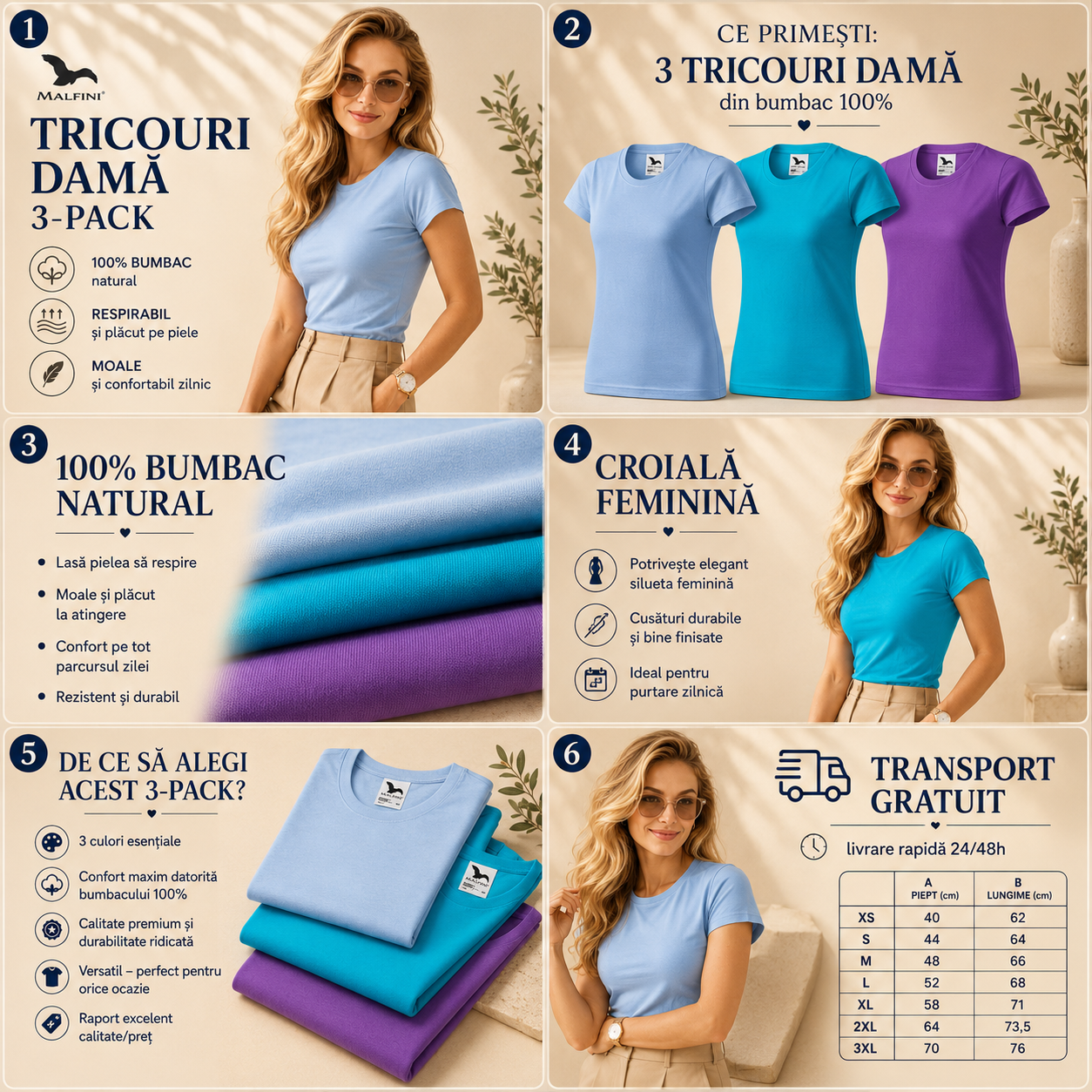Set 3 tricouri damă 100% bumbac casual clasic albastru deschis turcoaz violet transport gratuit